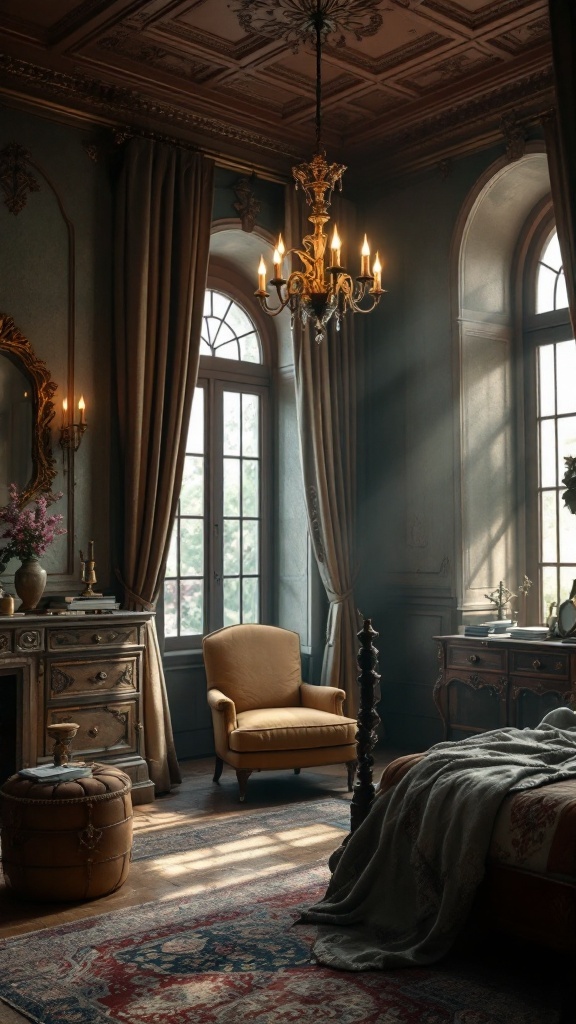 A beautifully lit old money bedroom with antique lighting fixtures.