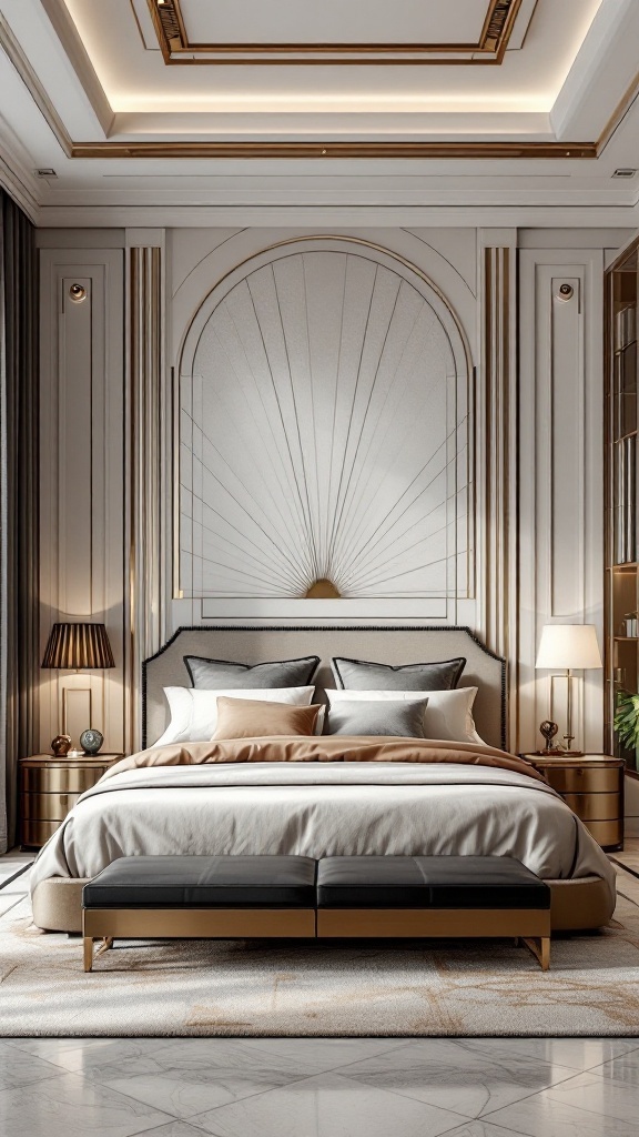 A beautifully designed bedroom featuring Art Deco elements.