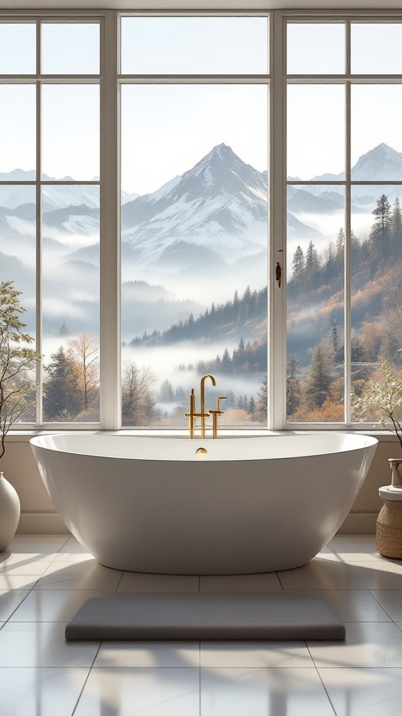 Modern luxury bathroom with a freestanding bathtub and mountain views