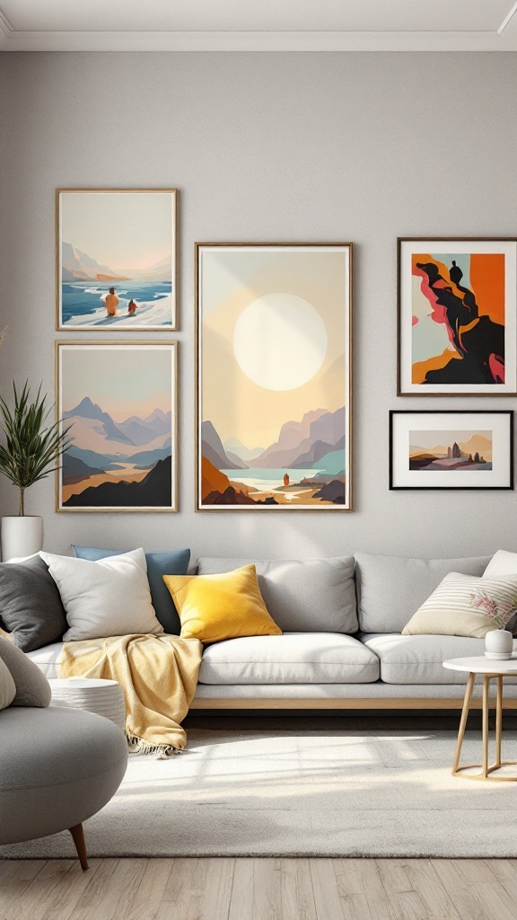 Modern living room with a gallery wall featuring various art pieces.