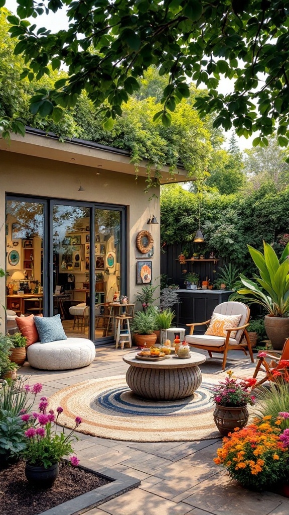 A beautiful backyard patio with flowers, a round coffee table, and comfortable seating.