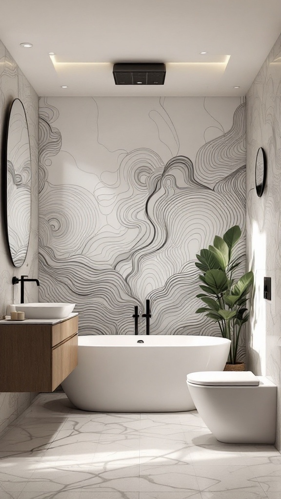 Modern luxury bathroom with artistic wall panels and minimalist decor.