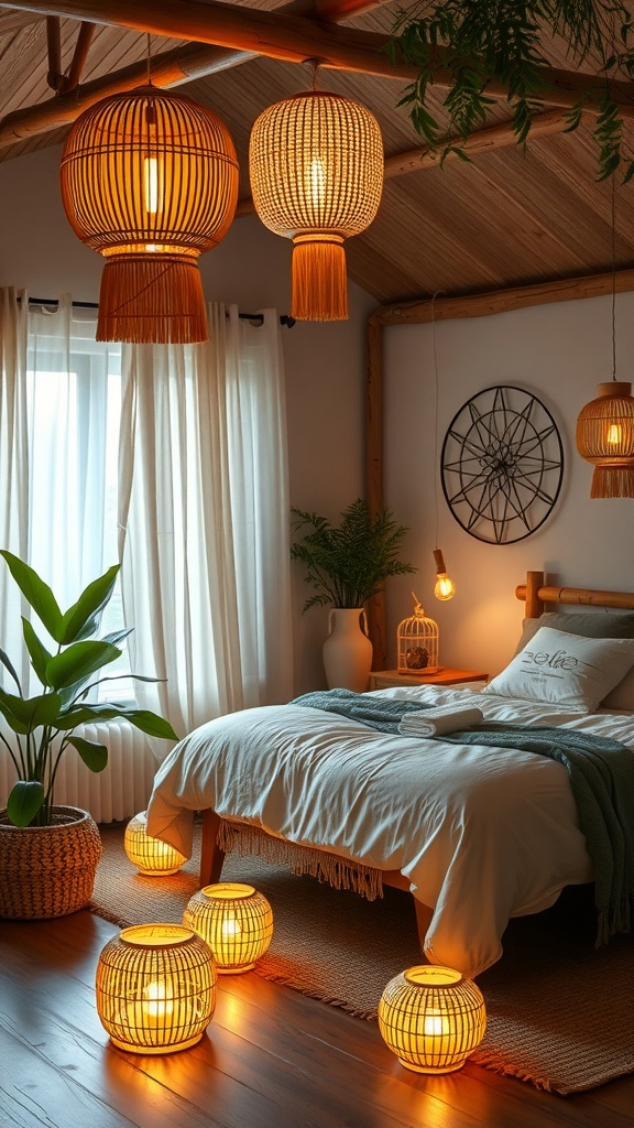 A cozy boho bedroom with bamboo floor lanterns illuminating the space.