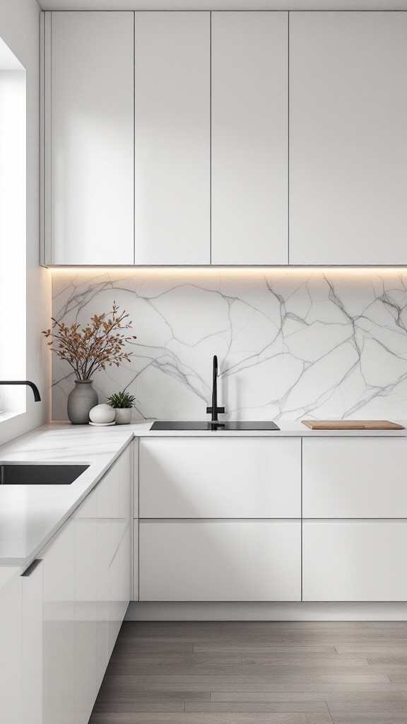 A modern minimalist kitchen with a bold marble backsplash.