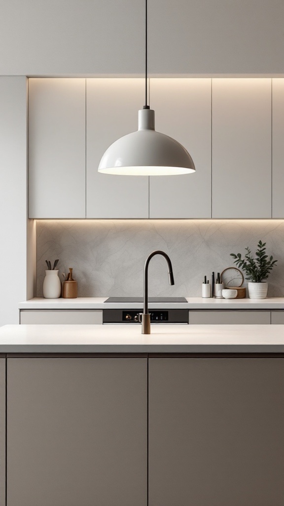 A modern minimalist kitchen featuring a bold pendant light hanging above a clean countertop.