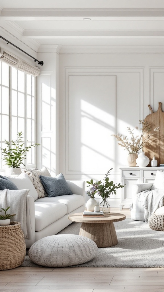 A bright and airy modern living room with white furniture, light wood accents, and plants, showcasing coastal design.