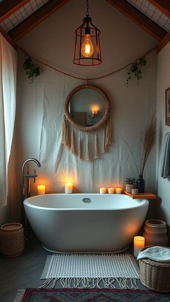 A cozy candlelit bath nook featuring a modern bathtub surrounded by candles, a woven rug, and decorative plants.