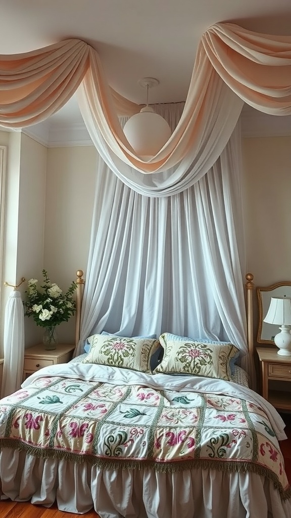 A boho bedroom featuring cascading light swags above the bed, with a soft color palette and floral bedding.