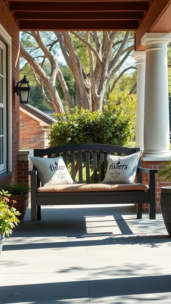 A stylish porch swing with cushions on a front porch surrounded by greenery.