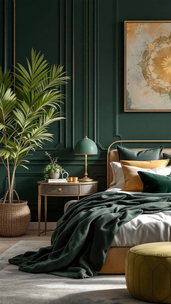 18 Old Money Bedroom Ideas to Elevate Your Space with Timeless Elegance 3 A luxurious bedroom featuring deep green walls, gold accents, and cozy textiles.