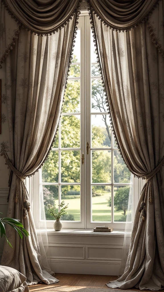 Elegant window treatments in an old money bedroom with luxurious drapes framing a scenic view.