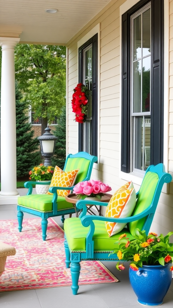 A front porch with colorful accent chairs in pink and turquoise, surrounded by potted flowers.