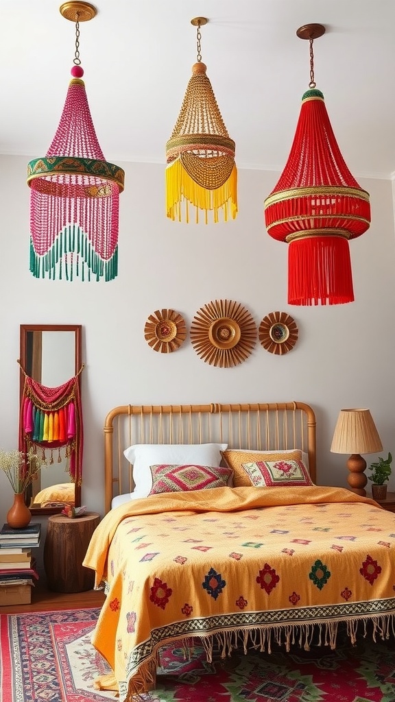 Three colorful beaded chandeliers hanging above a boho styled bedroom with a yellow blanket and patterned pillows.