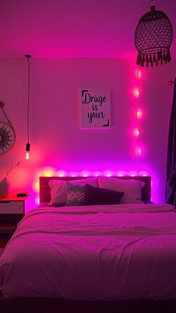 Colorful LED strip lights illuminate a cozy bedroom with a warm glow.