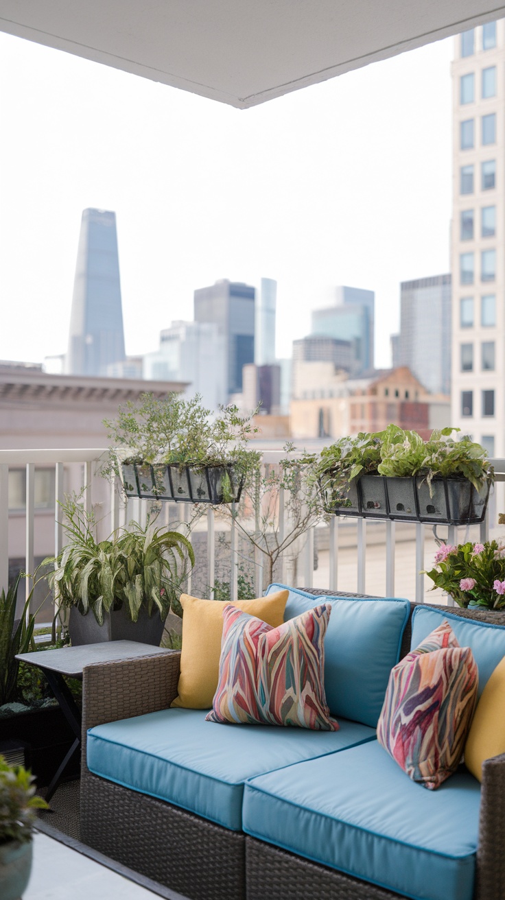 20 Creative Ways to Transform Your Small Balcony into a Personal Oasis 19 A small balcony with a couch adorned with colorful throw pillows, overlooking a city skyline.