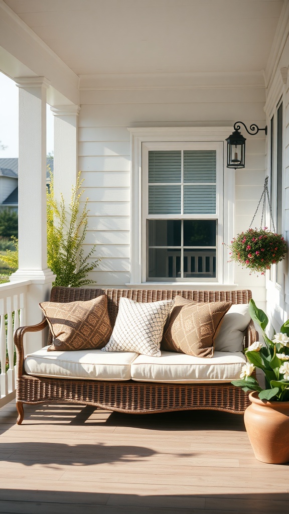 Cozy outdoor couch with cushions on a front porch