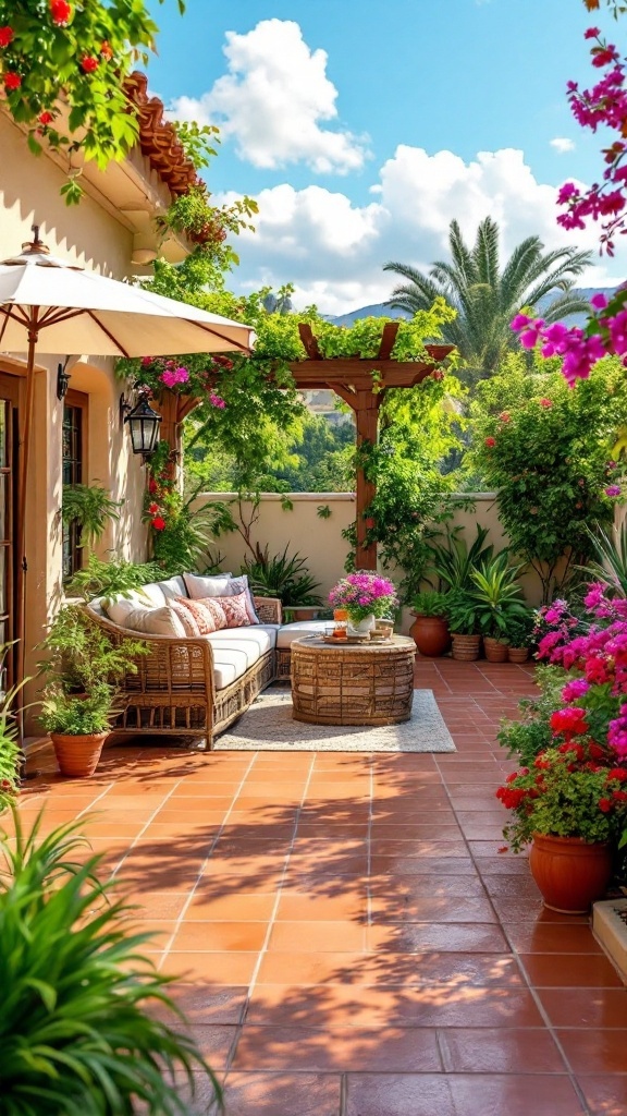 A cozy Mediterranean patio featuring a sofa, coffee table, and colorful flowers.