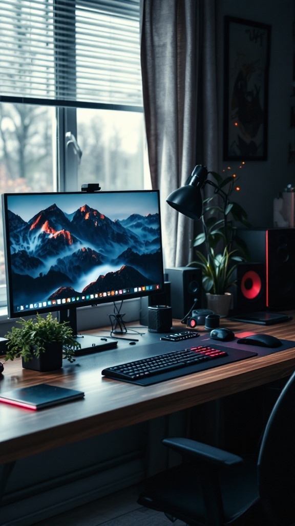 A cozy tech-friendly home office setup with a computer monitor, keyboard, plants, and a stylish lamp.