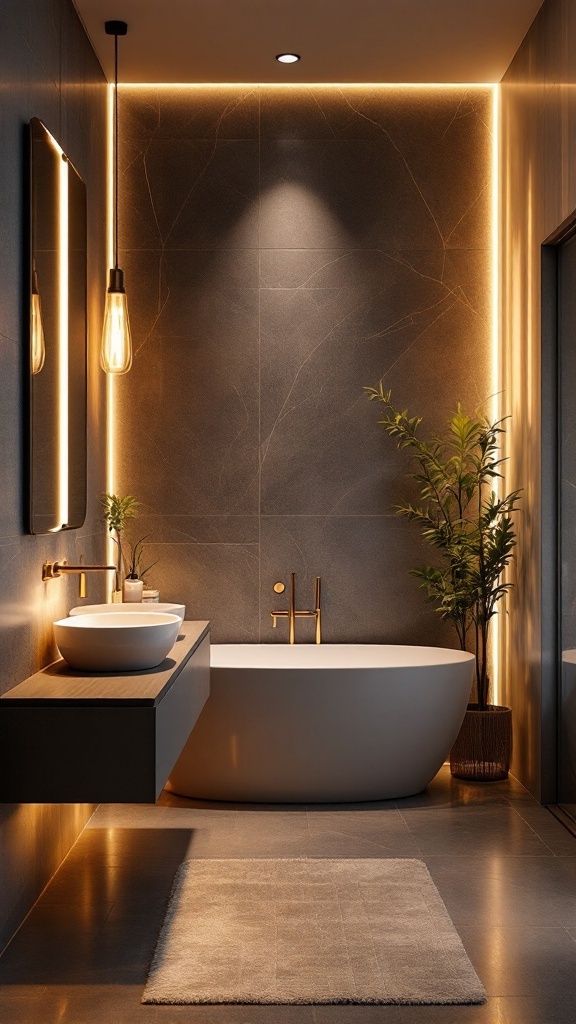 Modern luxury bathroom with custom lighting solutions and plants.