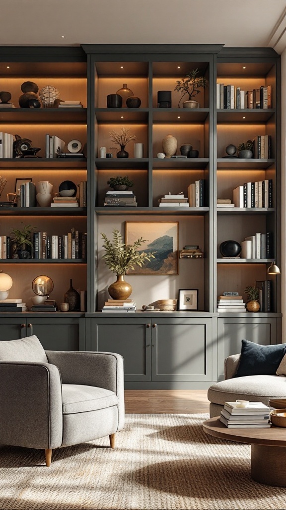 A modern living room featuring customized built-in shelving filled with books, plants, and decorative objects.