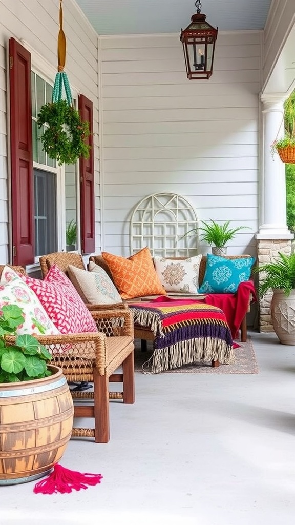 Colorful decorative pillows and throws on a porch couch, surrounded by greenery and warm lighting.