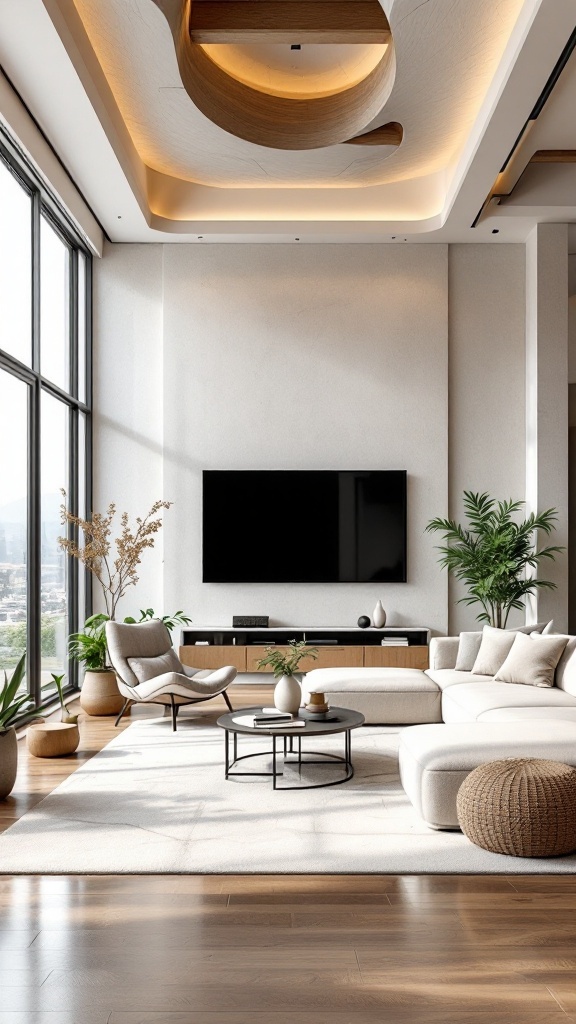 a modern living room with dramatic ceiling design and large windows