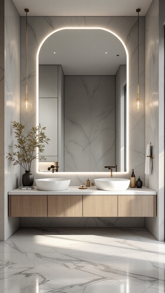 Modern luxury bathroom with dramatic mirror and stylish decor.