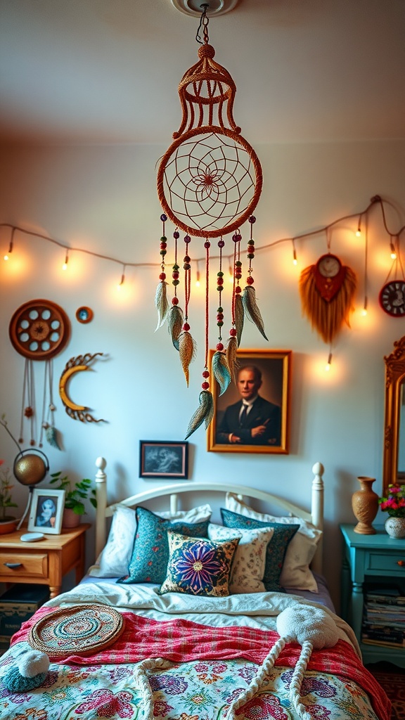 A bohemian bedroom featuring a dreamcatcher light fixture hanging above a bed with colorful pillows and a warm ambiance.