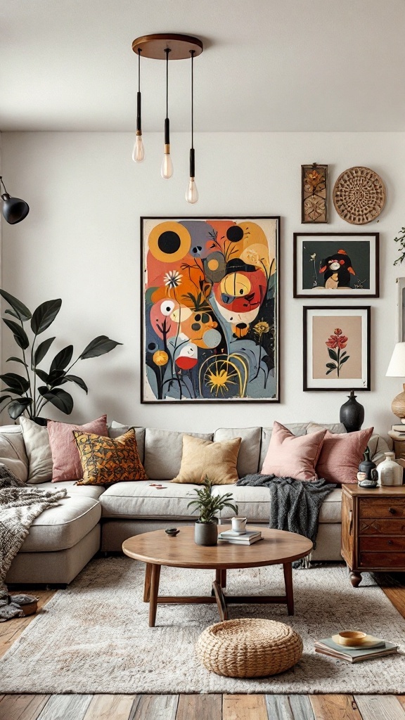 22+ Stylish Modern Living Room Designs to Inspire You 5 A modern living room featuring a cozy sofa, vibrant artwork, and wooden accents.