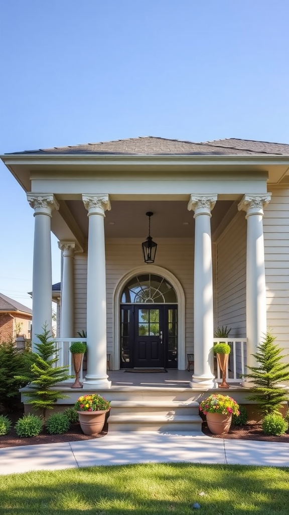 A series of elegant white columns on a porch surrounded by greenery.