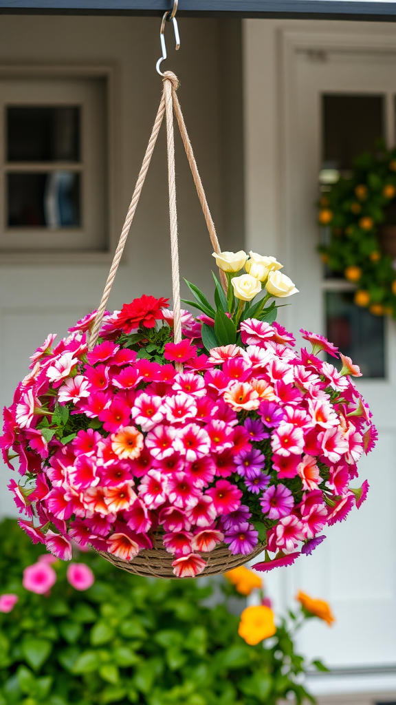 Hanging flower baskets with pink and yellow flowers on a porch.