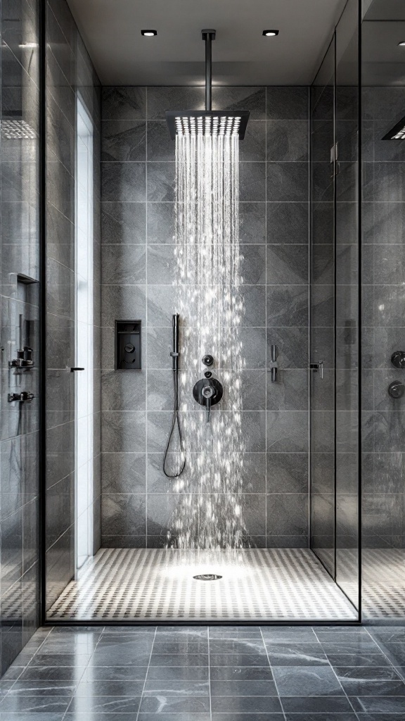 Modern luxury bathroom with rainfall shower fixture and sleek design.