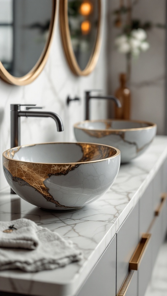 A modern luxury bathroom featuring two elegant vessel sinks with gold accents.