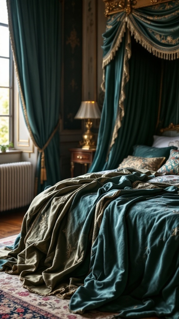 Luxurious fabrics in rich colors draped on a bed, showcasing an elegant bedroom aesthetic.