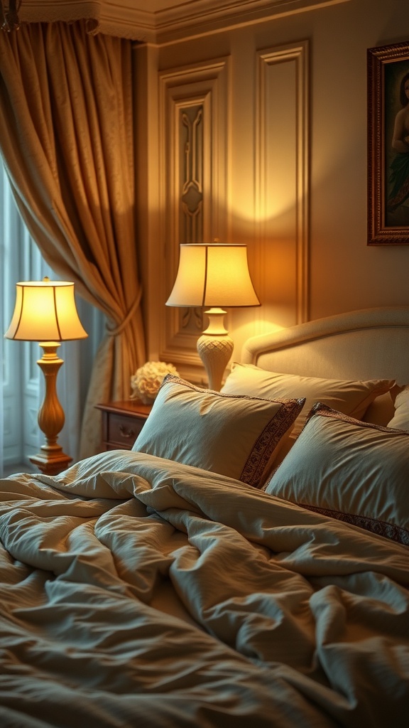 A cozy boho bedroom featuring fabric shade table lamps.