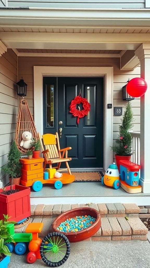 Colorful front porch with toys and playful decor for children.