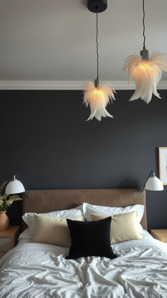 A cozy bedroom featuring feathered pendant lights above the bed.