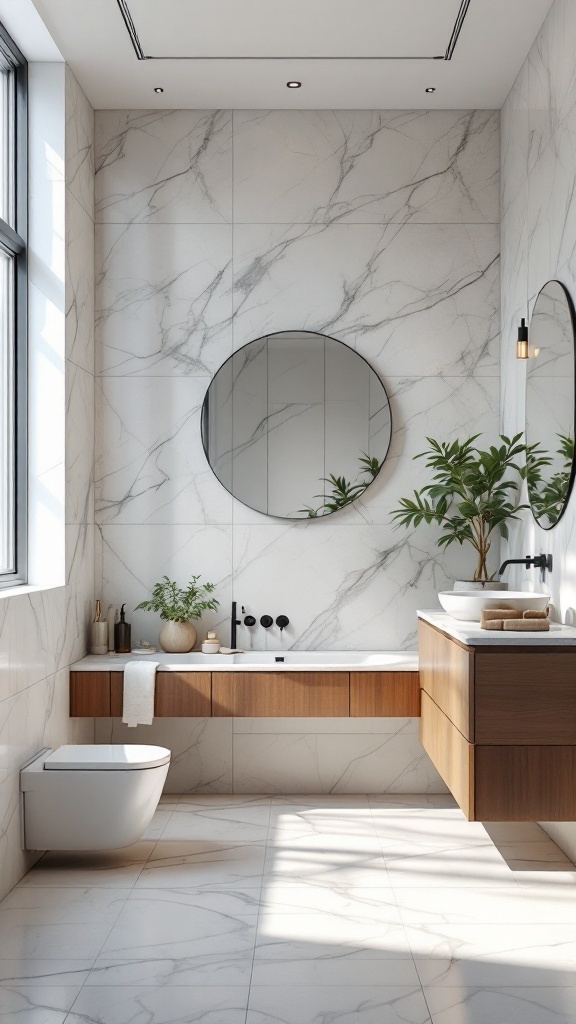 A modern luxury bathroom featuring a sleek design with a marble backdrop, wooden accents, and ample natural light.