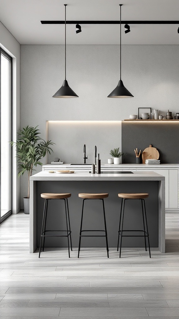 Modern minimalist kitchen island with gray surface and wooden stools