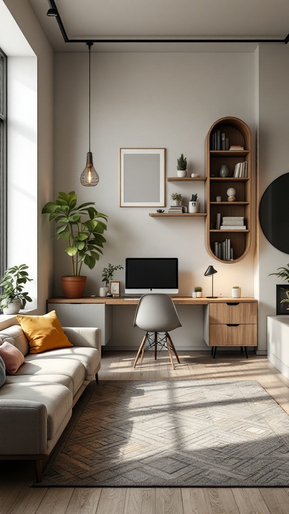 A modern living room featuring a sofa, desk, and plants, combining comfort and workspace.