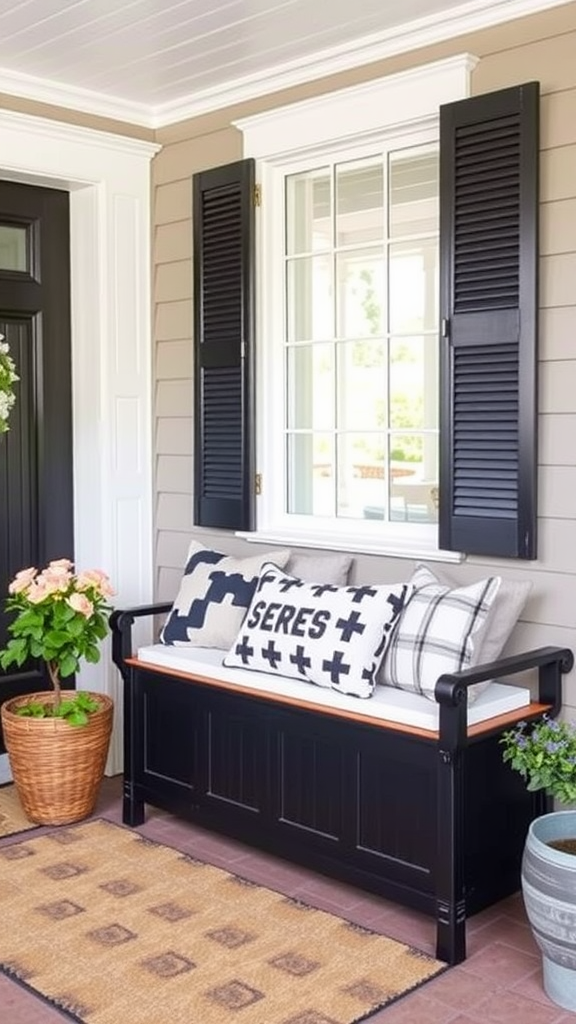 A wooden bench with storage baskets on a front porch, adorned with decorative pillows and plants.