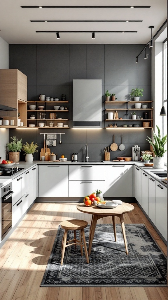 A modern minimalist kitchen featuring functional zones with open shelving and a central table.