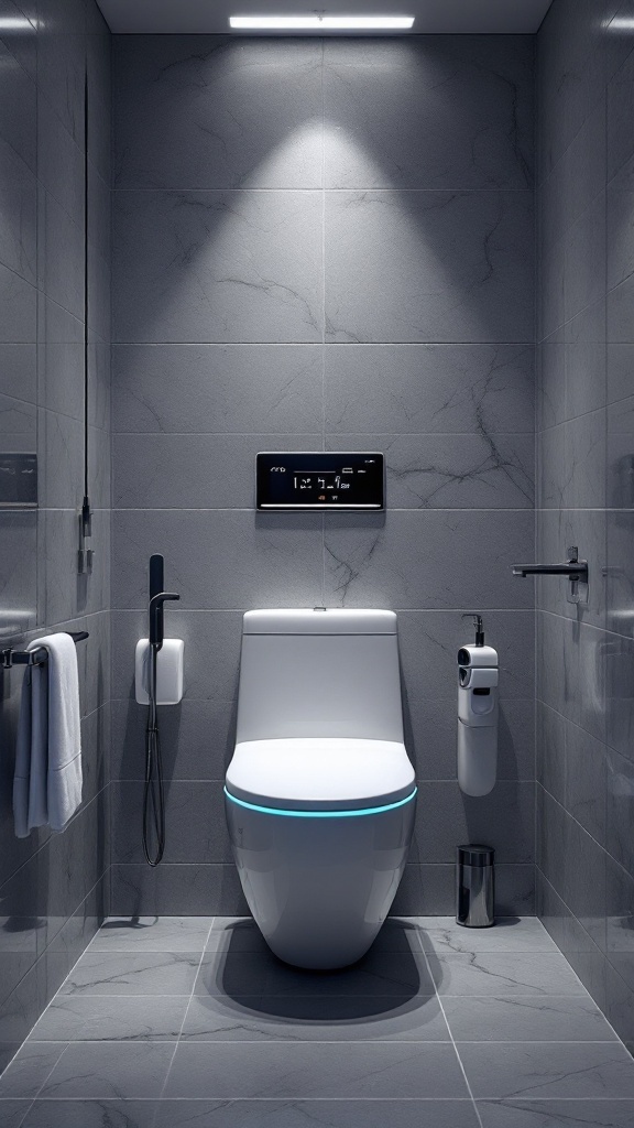 A modern luxury bathroom featuring a sleek, futuristic toilet with smart technology against a stylish gray tiled wall.