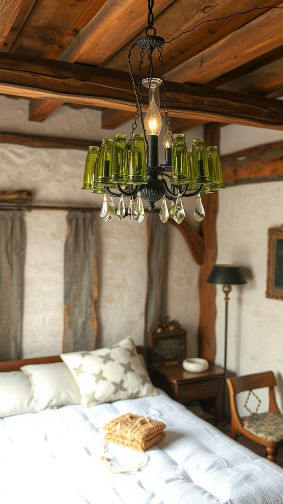 A stylish glass bottle chandelier hanging in a cozy bedroom.