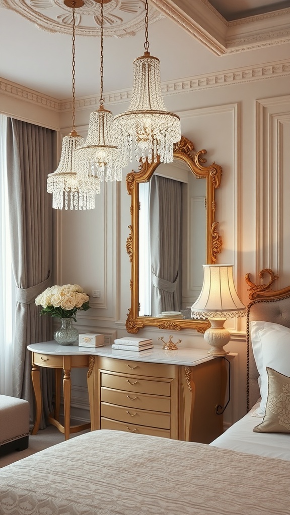 Beautiful crystal pendant lights hanging in a stylish bedroom setting.