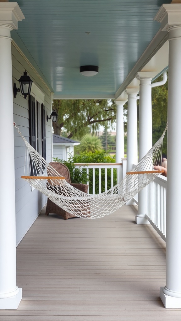 A front porch featuring a hammock and a cozy chair, surrounded by greenery.