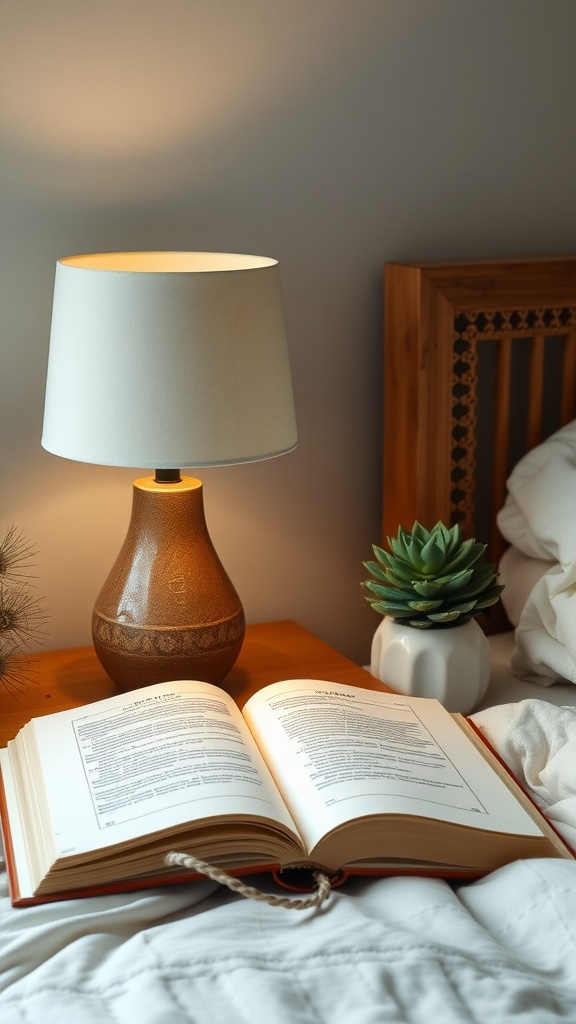 A handmade ceramic table lamp beside an open book and a small plant on a bedside table.