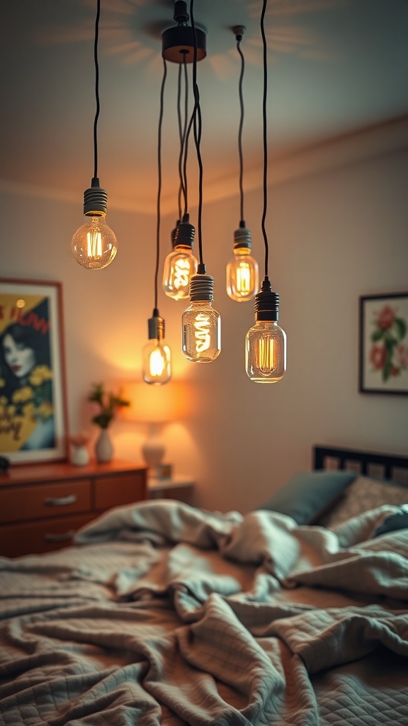 Hanging light bulbs in jars above a bed in a cozy bedroom setting.