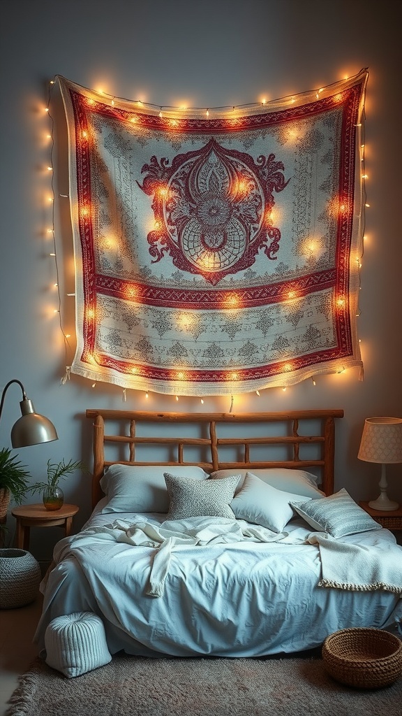 A bohemian bedroom featuring a tapestry illuminated with string lights above a bed