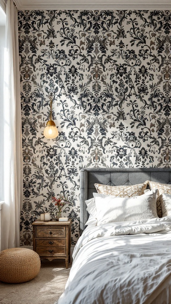 18 Old Money Bedroom Ideas to Elevate Your Space with Timeless Elegance 13 A cozy bedroom featuring floral wallpaper, a grey upholstered headboard, and warm lighting.